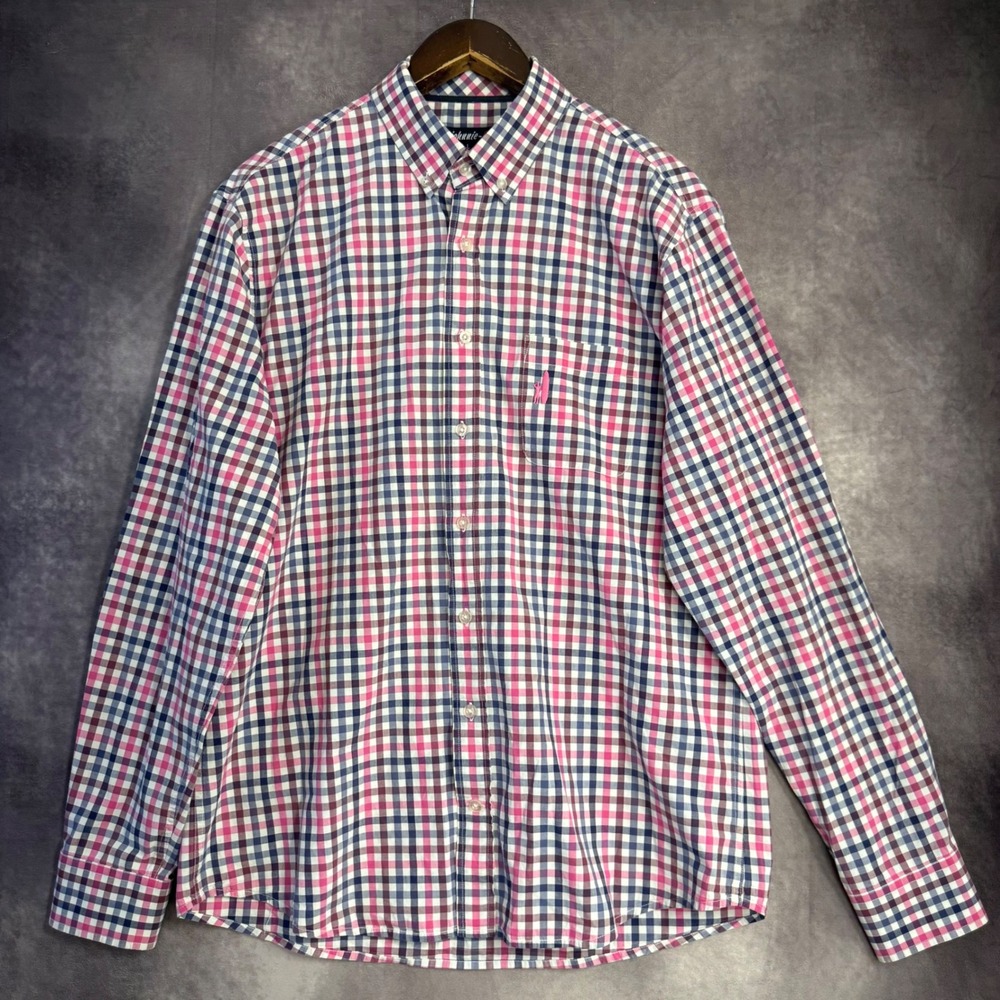 Johnnie-O Mens Large Pink Navy Plaid Cotton Button Down Long Sleeve Shirt L